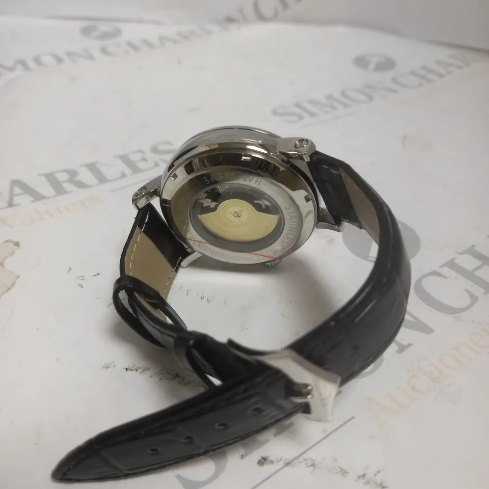MENS ZIHLMANN & CO AUTOMATIC WATCH – Z150 – MOONPHASE DIAL – GLASS EXHIBITION BACKCASE - SILVER COLOUR CASE – BLACK LEATHER STRAP