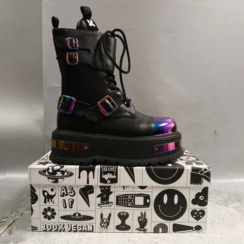 BOXED PAIR OF KOI COSMIC FIRE METAL PLATFORM BOOTS IN BLACK SIZE UK 4