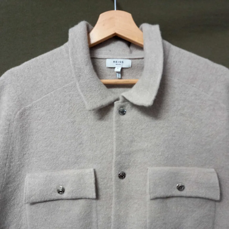 REISS WOOL LONG SLEEVE BUTTON UP CARDIGAN IN BEIGE - LARGE
