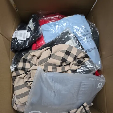 LARGE BOX OF ASSORTED CLOTHING ITEMS IN VARIOUS STYLES, SIZES AND COLOURS