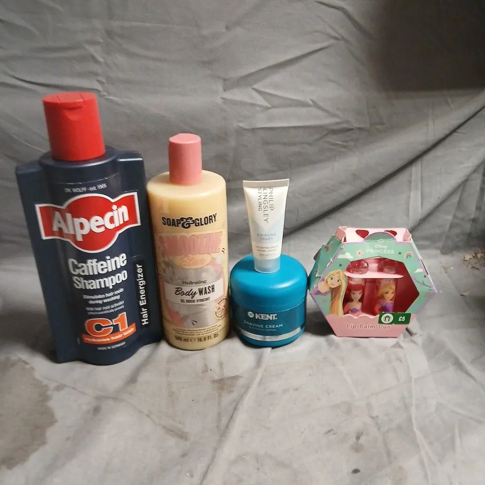 APPROXIMATEY 20 ASSORTED HEALTH AND BEAUTY PRODUCTS TO INCLUDE - ALPECIN CAFFEINE SHAMPOO - SOAP & GLORY BODY WASH AND KENT SHAVING CREAM