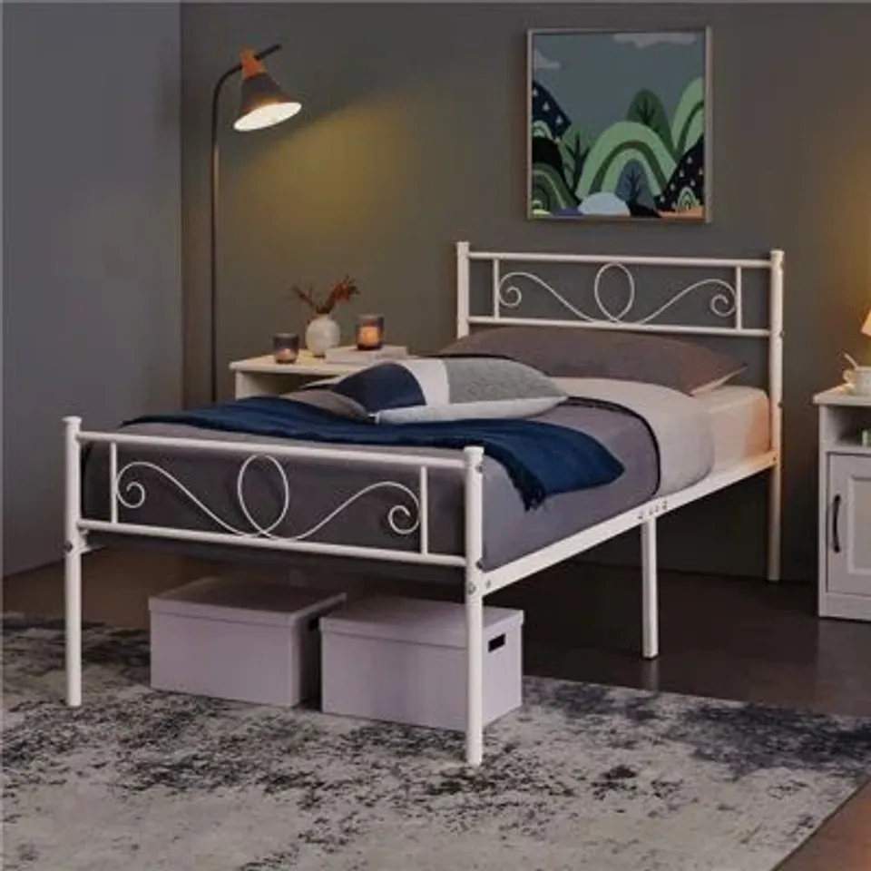 BOXED METAL BED FRAME WITH HEADBOARD/UNDER-BED STORAGE - 90CM SINGLE, WHITE (1 BOX)