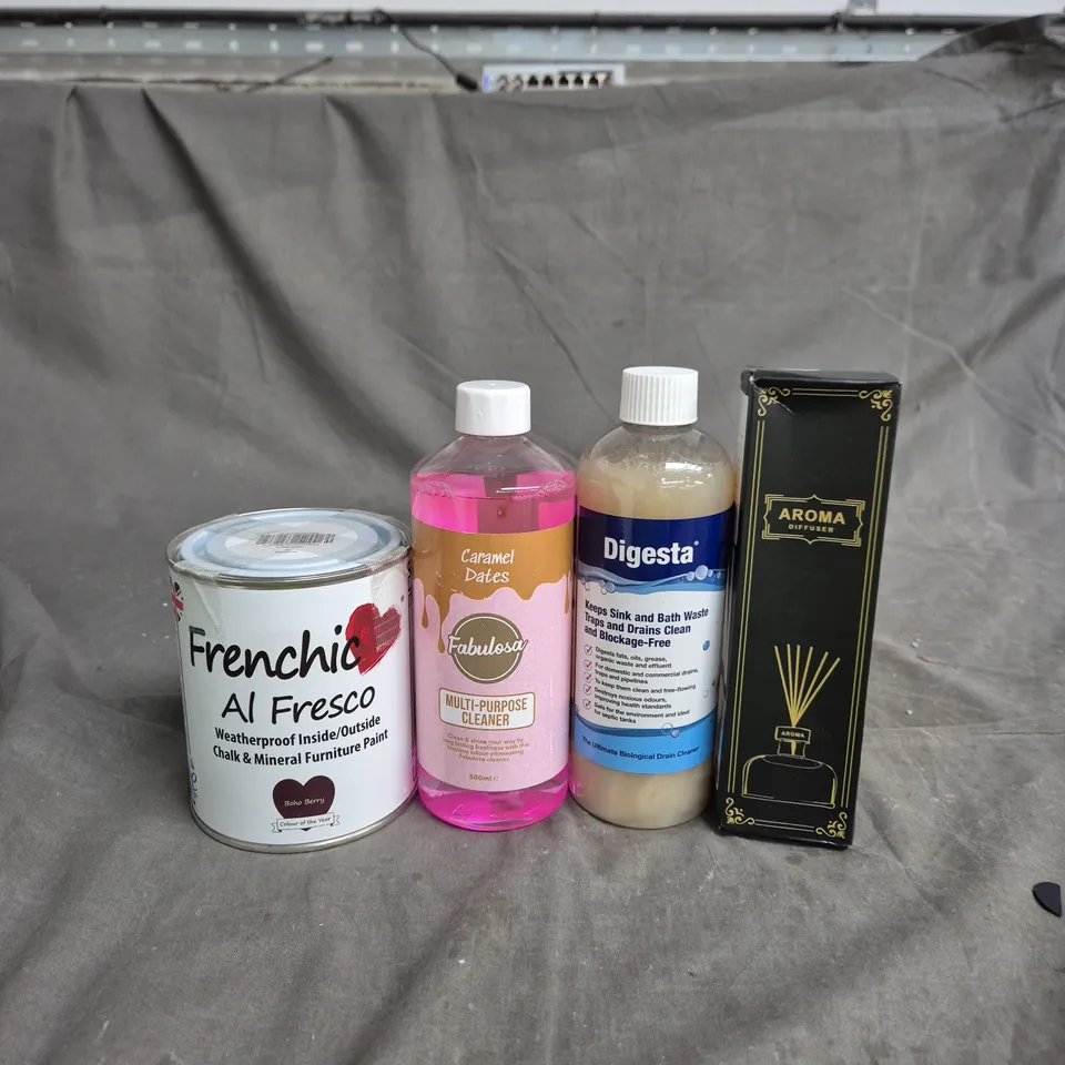 TOTE OF APPROXIMATELY 10 HOUSEHOLD LIQUIDS TO INCLUDE FRENCHIC PAINT, AROMA DIFFUSER AND DIGESTA DRAIN UNBLOCKER