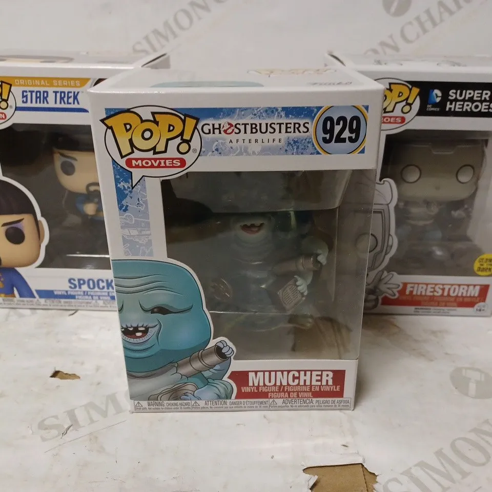 LOT OF 3 ASSORTED POP! VINYLS TO INCLUDE STAR TREK SPOCK, GHOSTBUSTERS MUNCHER, SUPER HEROES FIRESTORM