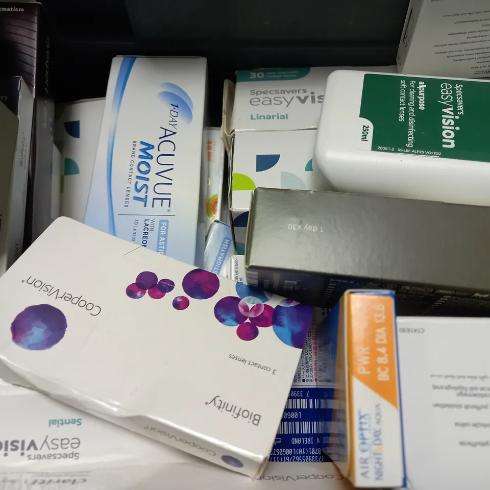 BOX OF APPROX 25 ASSORTED CONTACT LENSES AND CONTACT LENSE SOLUTIONS
