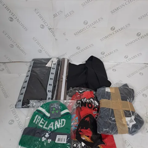 LARGE BOX OF ASSORTED CLOTHING ITEMS IN VARIOUS COLOURS AND SIZES INCLUDING TROUSERS , TOPS AND JUMPERS