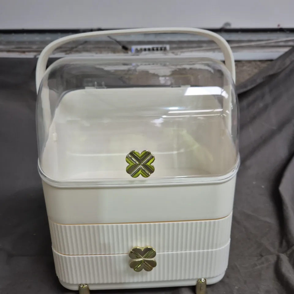 WHITE VINTAGE STYLE COSMETICS CASE WITH A CLEAR DOME LID AND RIBBED TWO-DRAWER BASE 