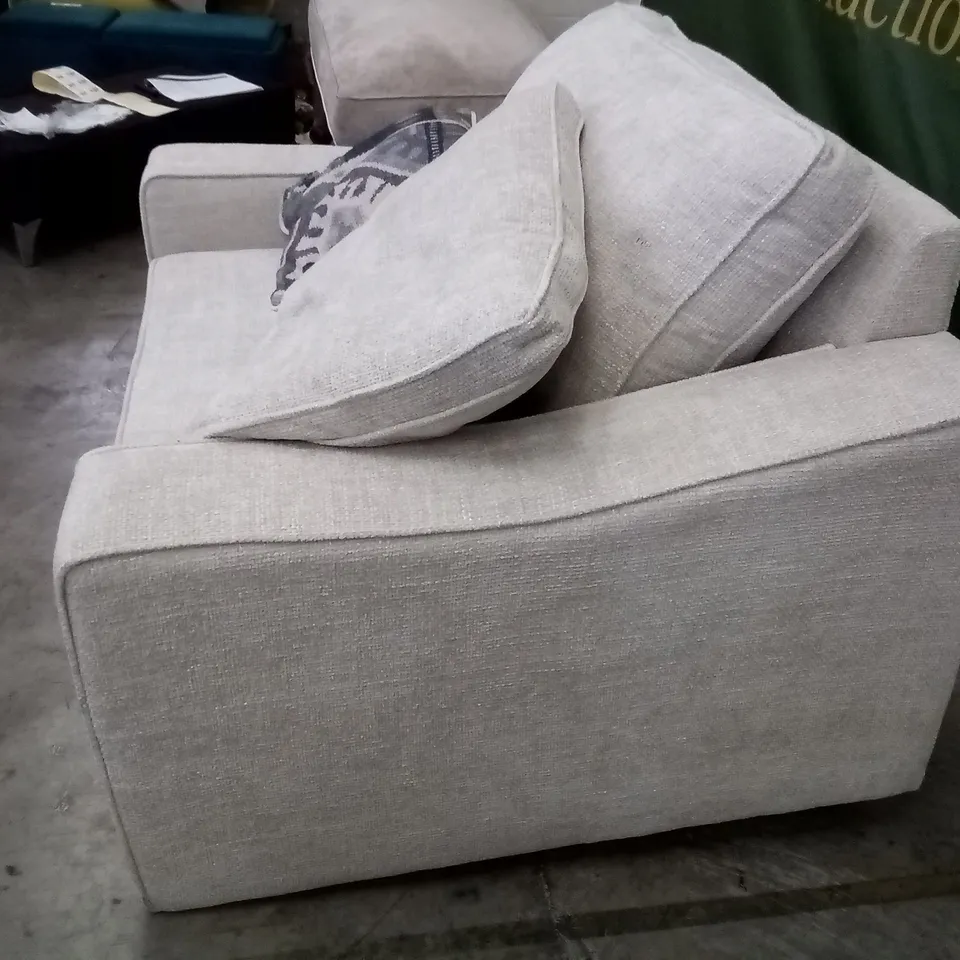 QUALITY DESIGNER COOPER CUDDLER POWER RECLINER SOFA BASE COLOUR - CHUNKI NATURAL / SCATTER CUSHION - MODASA GREY 