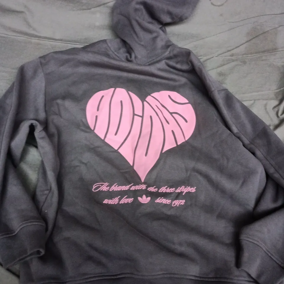 ADIDAS HOODIE – GREY WITH PINK HEART BACK PRINT - SMALL