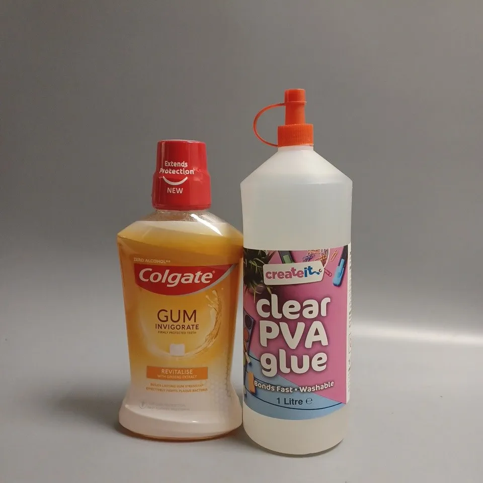 LARGE BOX OF ASSORTED CLEAR PVA GLUE AND COLGATE MOUTHWASH 