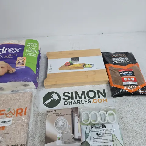BOX OF APPROXIMATELY 10 ASSORTED ITEMS INCLUDING SONUBAITS SUPER CRUSH 2KG, A SHOWER CURTAIN WITH GREEN LEAVES AND EXCELLENT HOMEWARE CUTTING BOARD