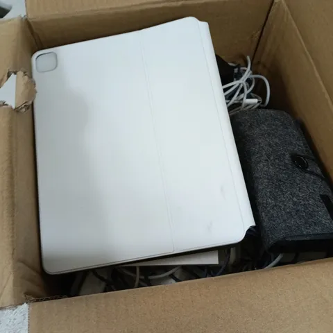 BOX CONTAINING A MIX OF APPLE PRODUCTS INCLUDING CASES, CHARGERS, KEYBOARDS AND WIRES