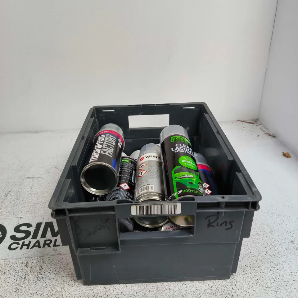 TOTE OF APPROXIMATELY 8 ASSORTED AEROSOL ITEMS TO INCLUDE CLEAR LACQUER SPRAY PAINT, TOUCH UP PAINT, WURTH ETC