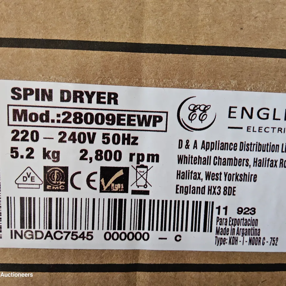 BOXED ENGLISH ELECTRIC SPIN DRYER Model 28009EEWP WHITE