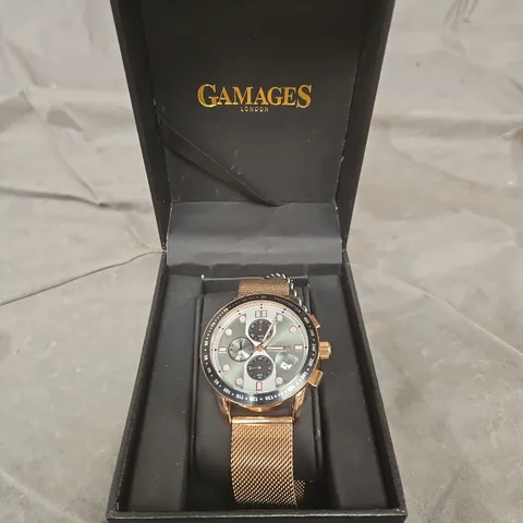 GAMAGES LONDON GOLD-TONE CHRONOGRAPH WRISTWATCH WITH MESH BRACELET