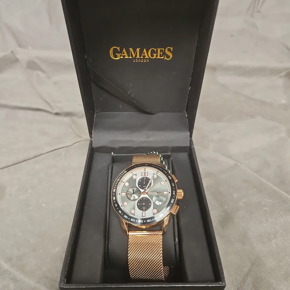 GAMAGES LONDON GOLD-TONE CHRONOGRAPH WRISTWATCH WITH MESH BRACELET