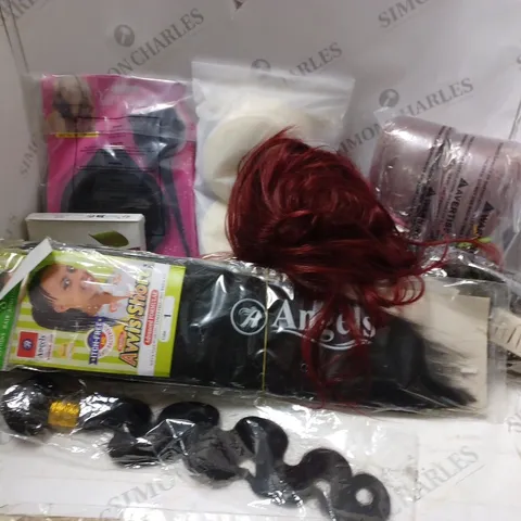 APPROXIMATELY 12 ASSORTED HAIR & COSMETICS ITEMS TO INCLUDE ANGELS AVVIS SHORT HAIR EXTENSIONS, SUNMINI NAIL LAMP, RED HAIR WIG, ETC