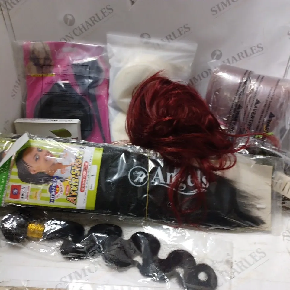 APPROXIMATELY 12 ASSORTED HAIR & COSMETICS ITEMS TO INCLUDE ANGELS AVVIS SHORT HAIR EXTENSIONS, SUNMINI NAIL LAMP, RED HAIR WIG, ETC