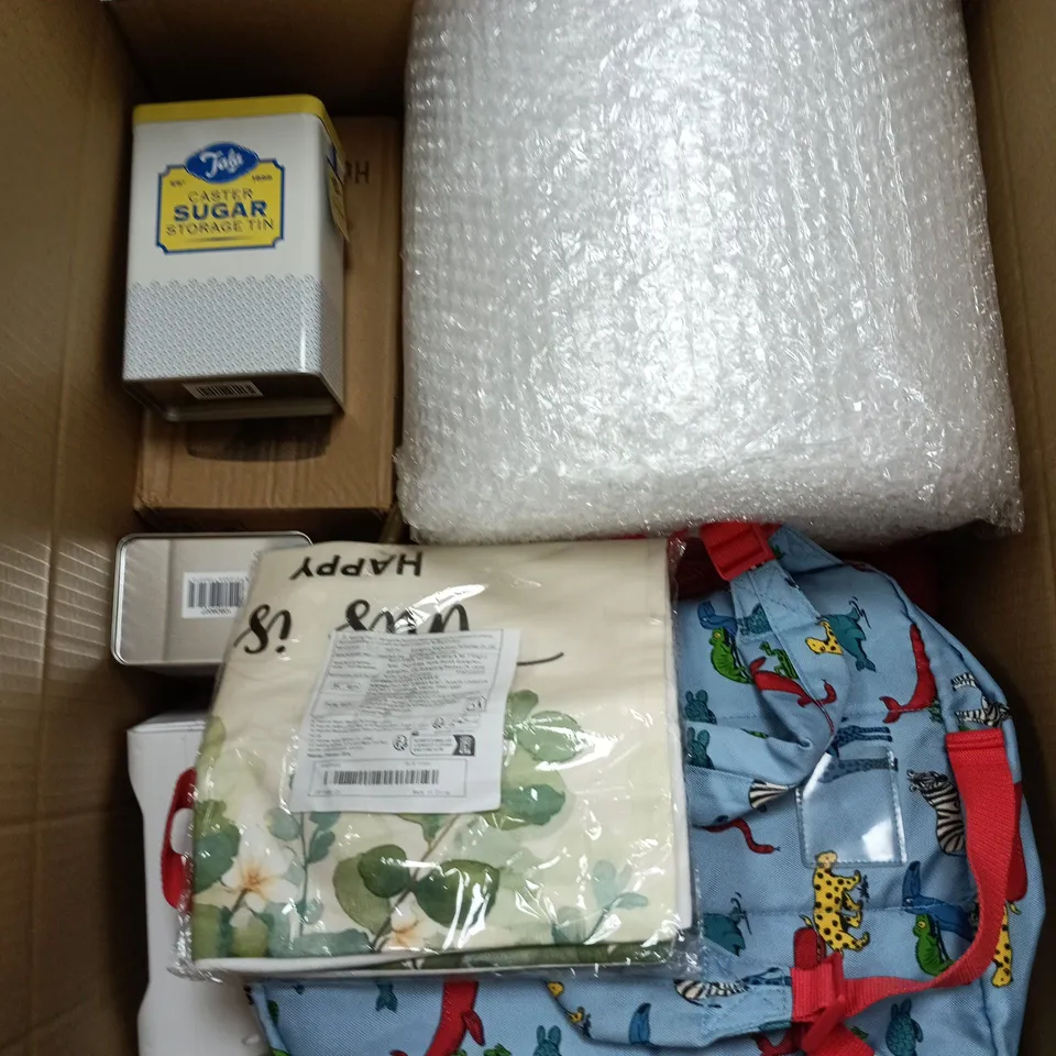 BOX OF APPROXIMATELY 10 ASSORTED ITEMS INCLUDING A WHITE PLASTIC BASKET, A TALA ICING SUGAR STORAGE TIN AND AN ELECTRIC FAN