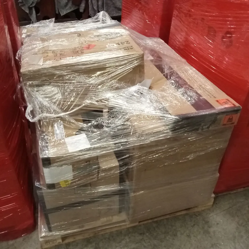 PALLET OF ASSORTED HOUSEHOLD GOODS AND PRODUCTS TO INCLUDE; AIR COMPRESSORS, BOXED FURNITURE ETC