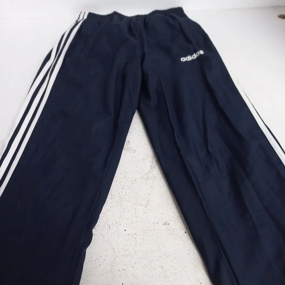 ADIDAS NAVY TRACK PANTS – UK S, WITH WHITE SIDE STRIPES