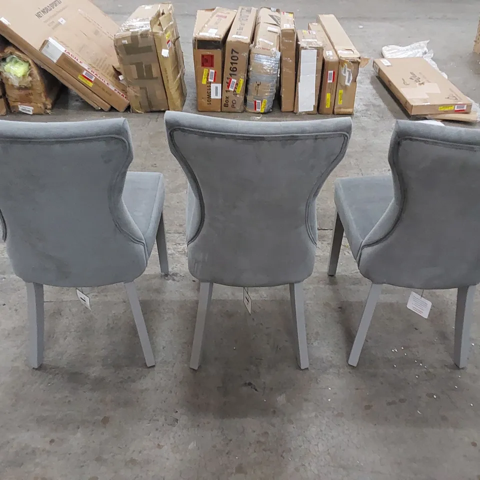 3 X ASSORTED DESIGNER GREY UPHOLSTERED BUTTON-BACK DINING CHAIRS 