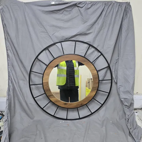 CIRCULAR WALL MIRROR WITH BLACK METAL FRAME AND WOOD INNER BEZEL