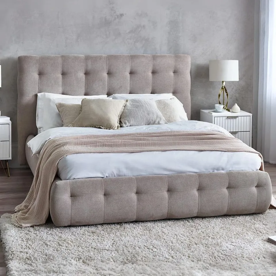 BOXED JULIAN BOWEN ODETTE 135cm BED - LIGHT TAUPE FABRIC (3 BOXES)