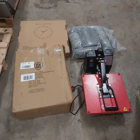 PALLET OF ASSORTED ITEMS INCLUDING: HEAT PRESS MACHINE, TROLLEY, WALL CLOCK, CUSHION ECT
