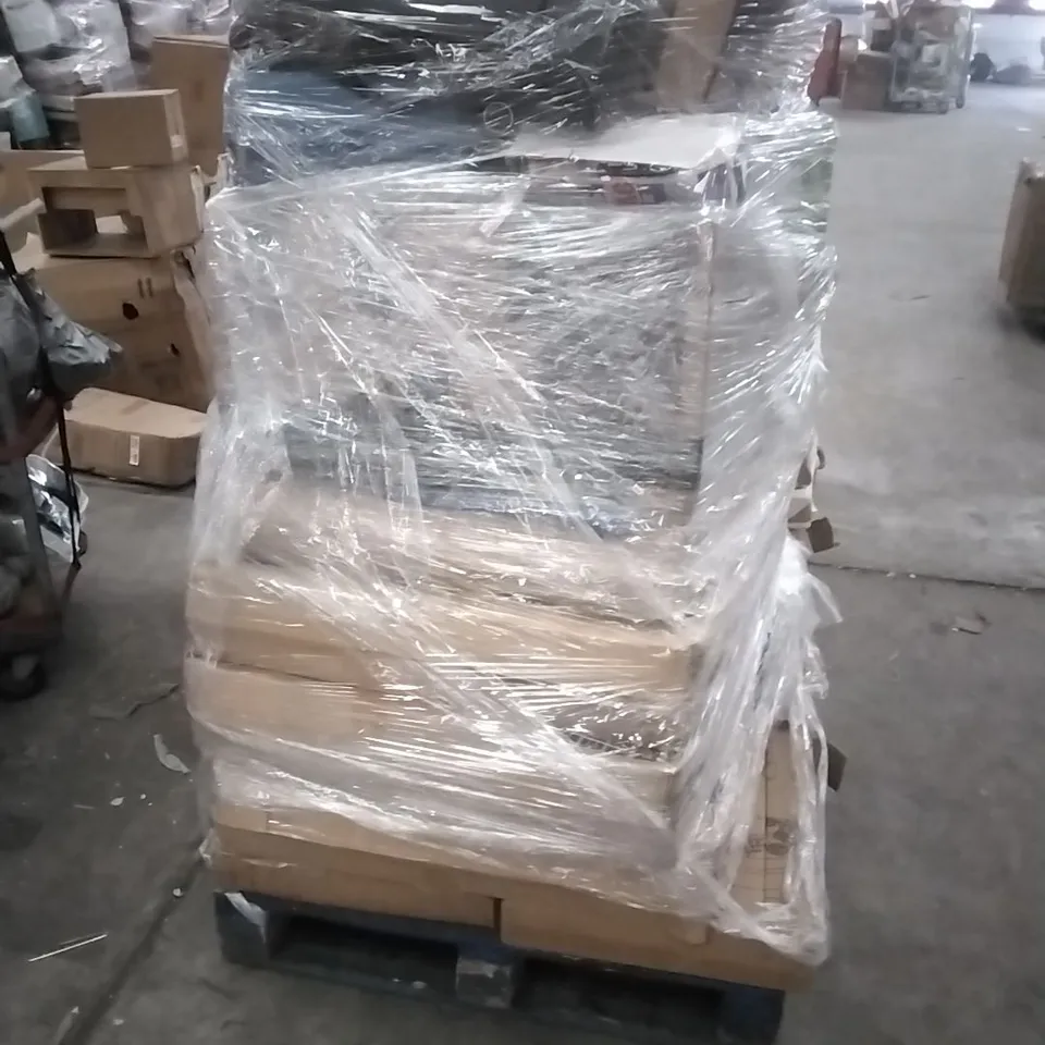 A PALLET CONTAINING A LARGE QUANTITY OF ASSORTED HOUSEHOLD GOODS WHICH INCLUDE; PARASOL BASES, PACK OF 2 GARDEN CHAIRS, SOFT PLAY PEN, KIDS GYMNASTICS BAR, SUITCASES ETC