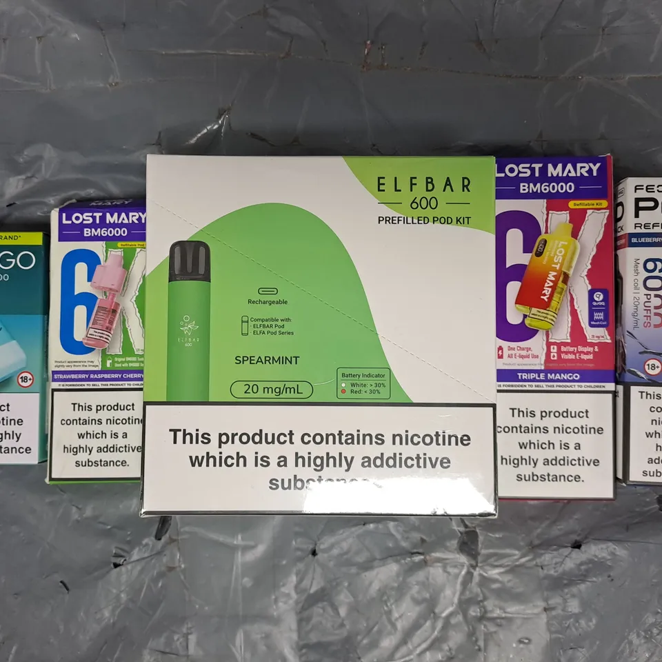 APPROXIMATELY 10 ASSORTED E-CIGARETTE AND VAPE ITEMS TO INCLUDE LOST MARY, ELFBAR, ETC