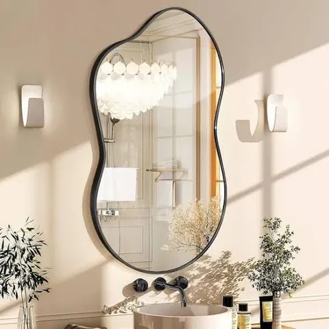 BOXED 46 IN. W X 26 IN. H IRREGULAR BLACK ALUMINUM ALLOY FRAMED ASYMMETRICAL WALL MIRROR