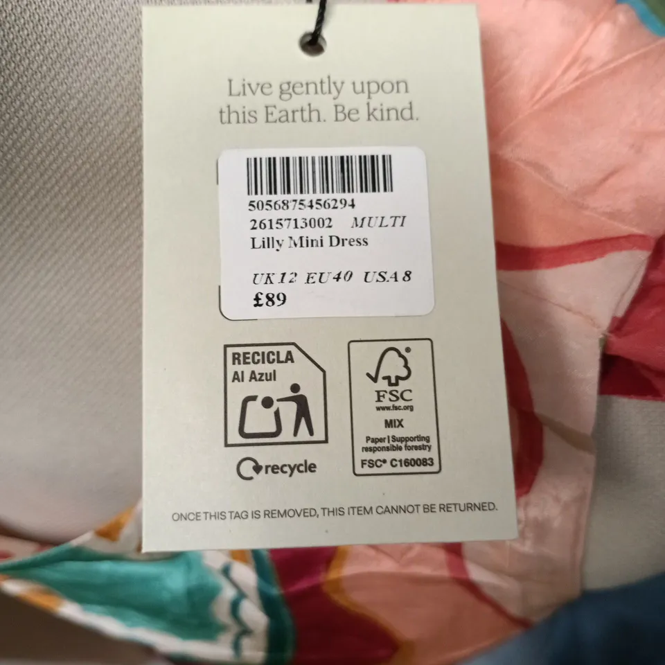 NOBODY'S CHILD LILLY MINI DRESS – MULTI-COLOUR PRINT, UK12 (EU40, USA8)
