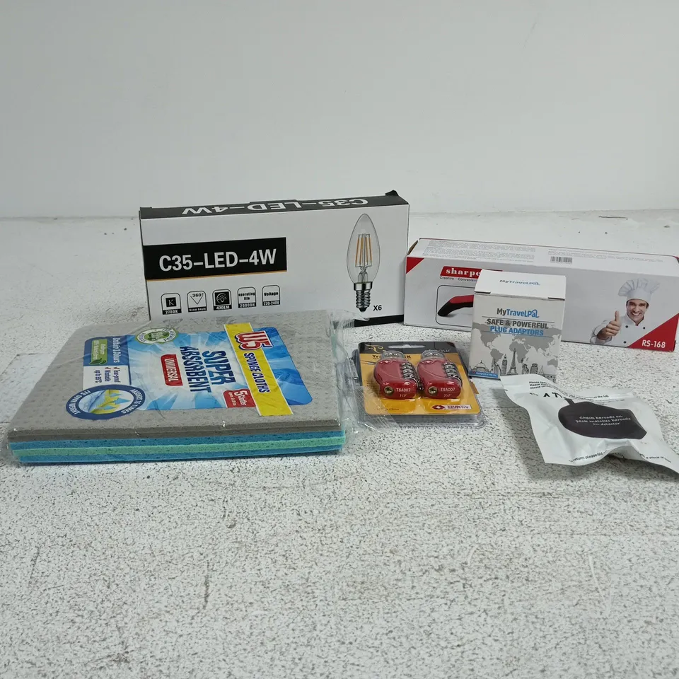 TOTE OF APPROXIMATELY 20 ASSORTED ITEMS TO INCLUDE W5 SPONGE CLOTHS, TRAVEL LOCK, SHARPENER, RADON GAS DETECTOR ETC