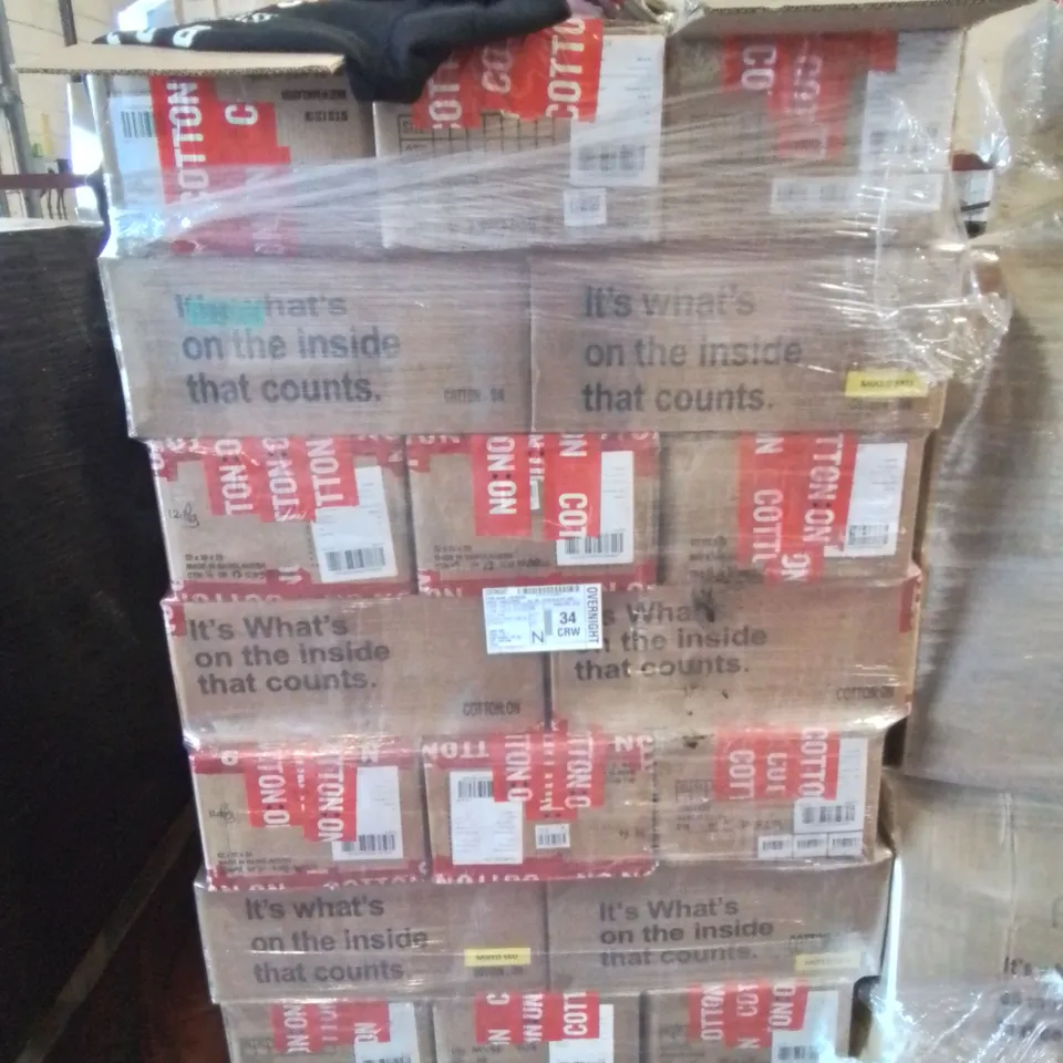 PALLET CONTAINING LARGE QUANTITY OF NEW CLOTHES HATS SOCKS ETC.