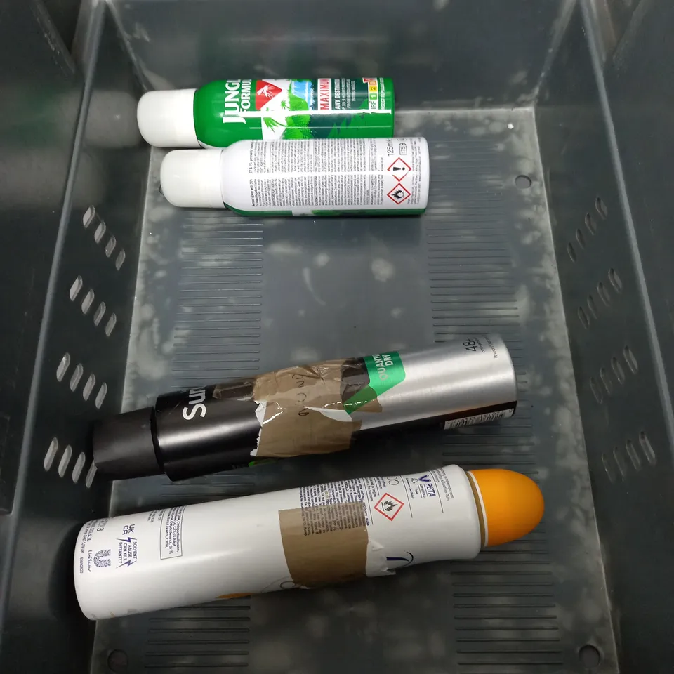 BOX OF APPROXIMATELY 10 ASSORTED AEROSOLS TO INCLUDE - ECLAT HOMME ANTI-PERSPIRANT - AIRWICK COSY COTTAGE AIR FRESHENER - JUNGLE FORMULA INSECT REPELLENT - ETC - COLLECTION ONLY