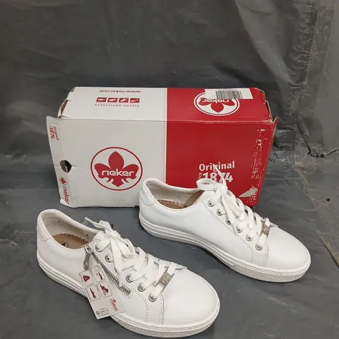 BOXED PAIR OF RIEKER ZIP UP TRAINERS WHITE - SIZE 39