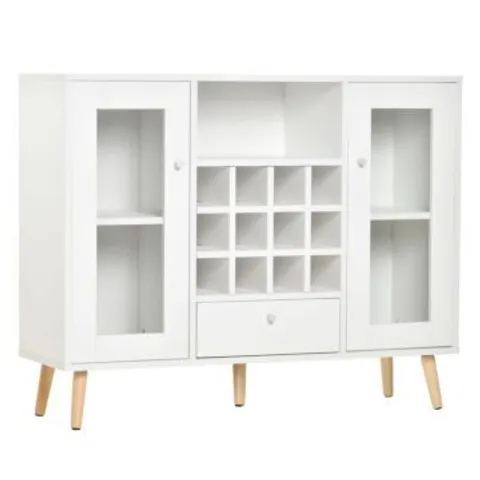 BOXED HOMCOM MODERN SIDEBOARD STORAGE CABINET KITCHEN CUPBOARD DINING BAR SERVER WITH GLASS DOORS, DRAWER & 12-BOTTLE WINE RACK FOR LIVING ROOM, WHITE (2 BOXES) 