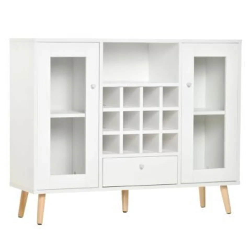 BOXED HOMCOM MODERN SIDEBOARD STORAGE CABINET KITCHEN CUPBOARD DINING BAR SERVER WITH GLASS DOORS, DRAWER & 12-BOTTLE WINE RACK FOR LIVING ROOM, WHITE (2 BOXES) 
