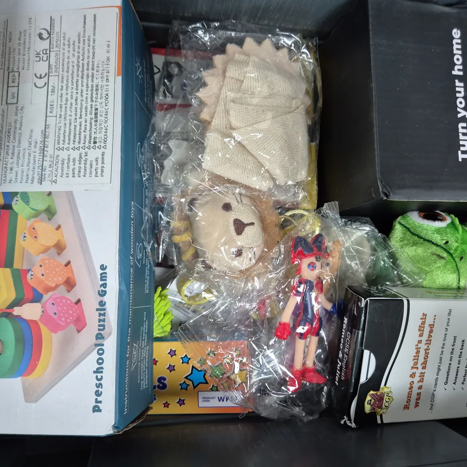APPROXIMATELY 10 ASSORTED TOYS AND GAMES TO INCLUDE PLAYING CARDS, MATCHBOX TOY CAR, ETC