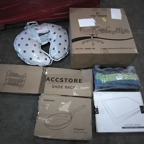 PALLET OF ASSORTED ITEMS INCLUDING YONISEE DESK CHAIR, ACCSTORE SHOE RACK, SKY LIGHT CUTTING BOARD, FADWARE FRYING PAN, FORGING MOUNT FULL MOTION LONG ARM TV WALL MOUNT, TROTRONICS AIR PURIFIER