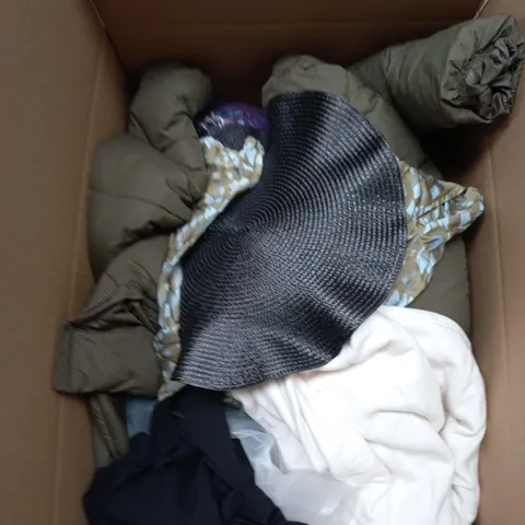 LARGE BOX OF APPROXIMATELY 25 ASSORTED CLOTHING ITEMS IN VARIOUS COLOURS, STYLES AND SIZES - COLLECTION ONLY