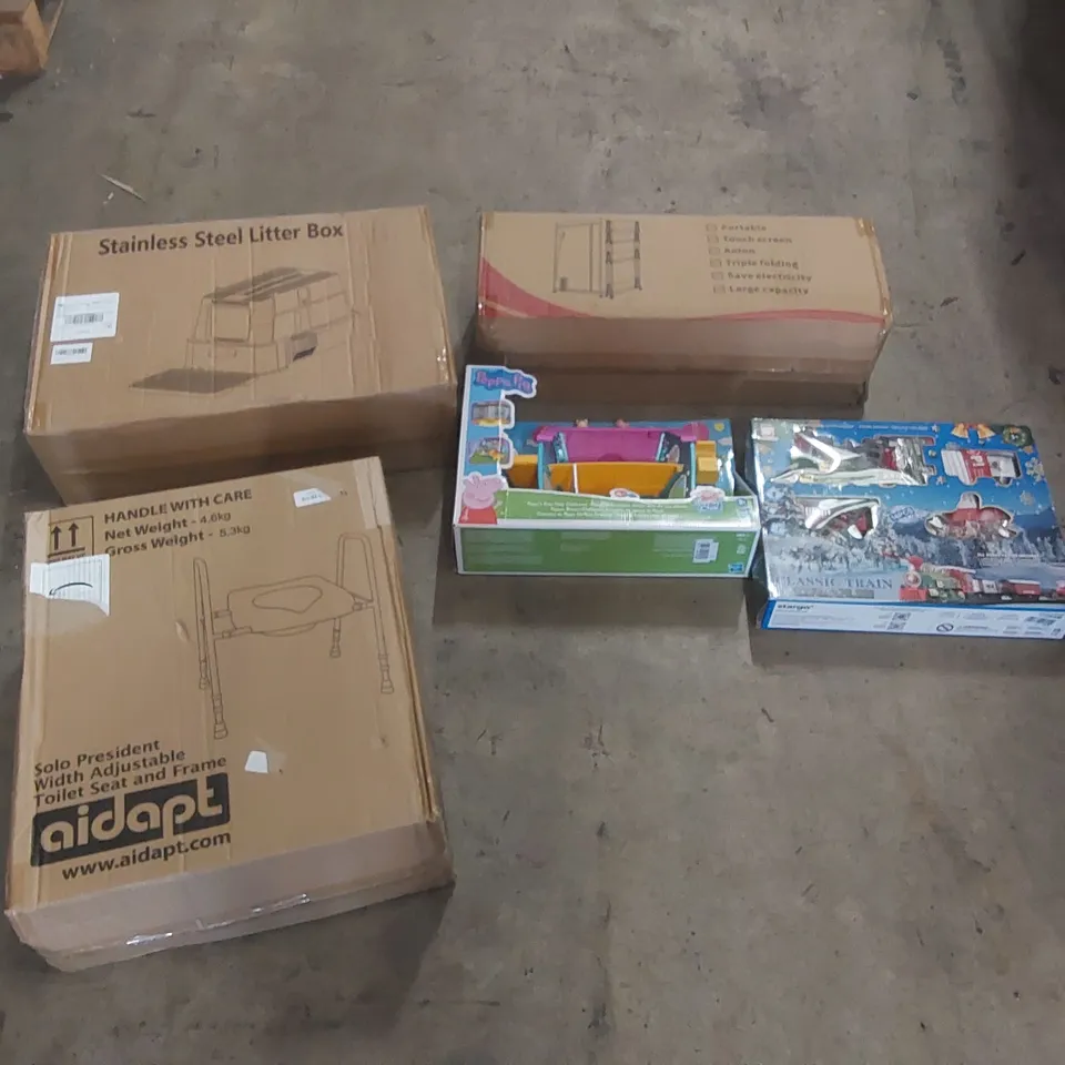 PALLET OF ASSORTED ITEMS TO INCLUDE: INTELLIGENT CLOTHES DRYER, TOY TRAIN SET, PEPPA PIG TOY, STAINLESS STEEL LITTER BOX, TOILET SEAT WITH FRAME ECT