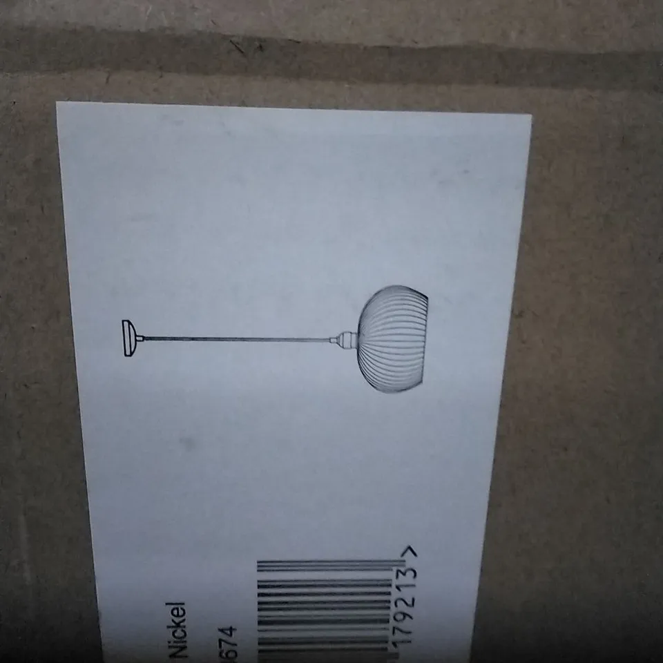 BOXED NORTHERN LIGHTS OLYMPIA RIBBED MEDIUM PENDANT LIGHT WITH CLEAR GLASS AND POLISHED NICKEL METALWORK. 