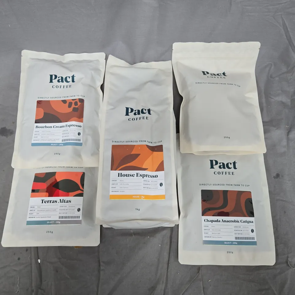 PACT COFFEE SELECTION TO INCLUDE BOURBON CREAM ESPRESSO 250G, TERRAS ALTAS 250G, CHAPADA ANAEROBIC CATIGUA 250G, HOUSE ESPRESSO 1KG