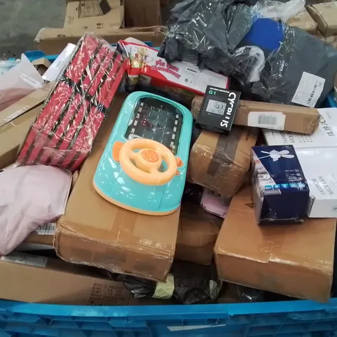 PALLET CONTAINING VARIOUS ASSORTED CUSTOMER RETURNS TO INCLUDE: GPS BIKE COMPUTER, KIDS TOYS, LIGHT FAN, NECK FANS ETC. 