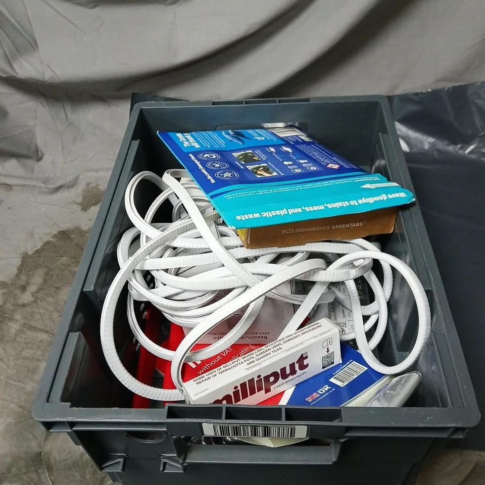 APPROXIMATELY 12 ASSORTED HOUSEHOLD ITEMS TO INCLUDE GREEN TABS DISHWASHER TABLETS, NON BIO LAUNDRY SHEETS, EPOXY PUTTY, FLY TRAP ETC