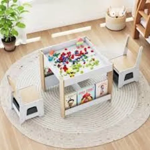 BOXED COSTWAY 4 IN 1 CHILDREN'S TABLE & CHAIR SET WITH REVERSIBLE TABLETOP & BOOKSHELVES