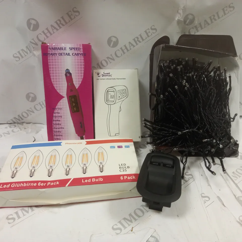 BOX OF APPROXIMATELY 5 ASSORTED ITEMS TO INCLUDE LED LIGHTS, THERMOMETER, DETAIL CARVER