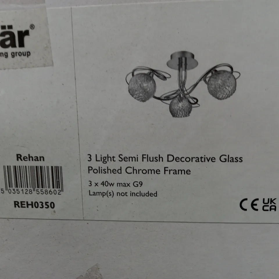 REHAN 3 LIGHT SEMI FLUSH DECORATIVE GLASS POLISHED CHROME FRAME